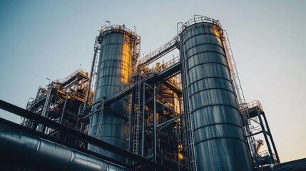 Industrial refinery with towering silos, capturing the intricate architecture of a factory complex under a clear sky.