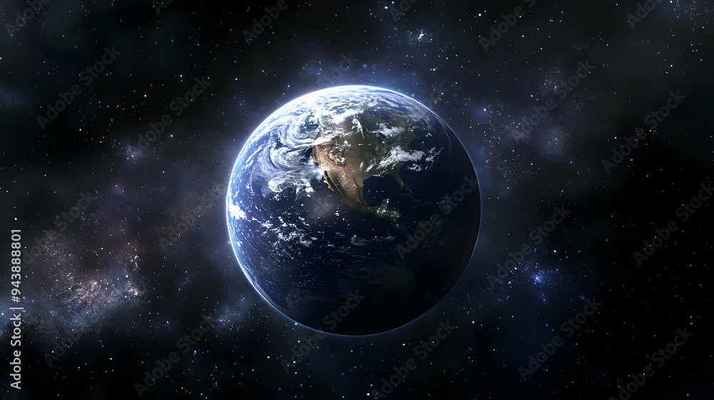 Poster earth from space with visible clouds and a starry background.