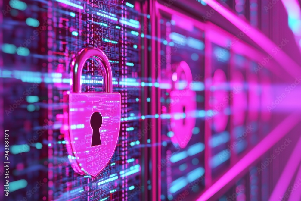 Poster a digital padlock symbolizing cybersecurity, surrounded by vibrant data streams, representing protec