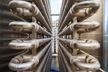 Stainless steel pipes in a factory