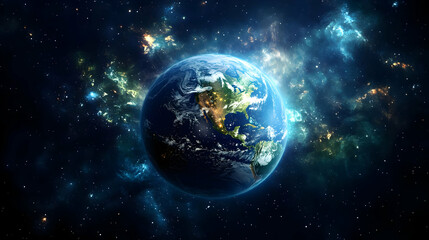 Fototapeta premium Earth glowing in a starry sky with colorful nebulae.