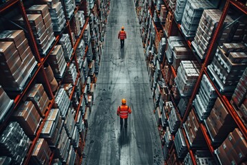 Obraz premium Two workers in orange vests walk down a long aisle of boxes