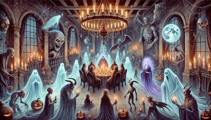 Obraz premium Haunted Mansion Gathering Spooky Watercolor Scene of Ghosts and Demons