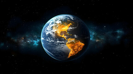 Fototapeta premium Earth illuminated by city lights, seen from space with a starry background.