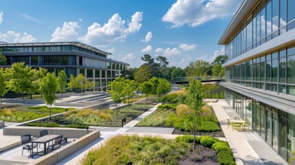 Fototapeta premium Tranquil Biophilic Design in University Campus: Green Roofs and Outdoor Study Areas Overlooking Nature
