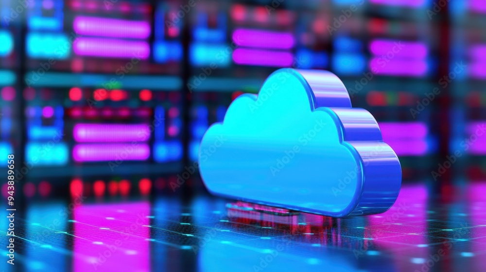 Poster a vibrant cloud icon representing cloud computing, set against a backdrop of colorful data servers, 