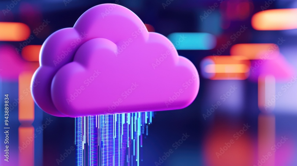 Poster a vibrant purple cloud symbolizing data, with streaming digital lines representing information flow 