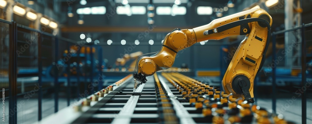 Poster industrial robotic arm on an automated assembly line in a modern factory, showcasing advanced manufa