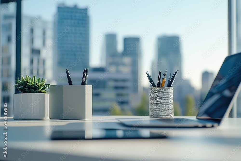 Poster Modern Office Desk with City View