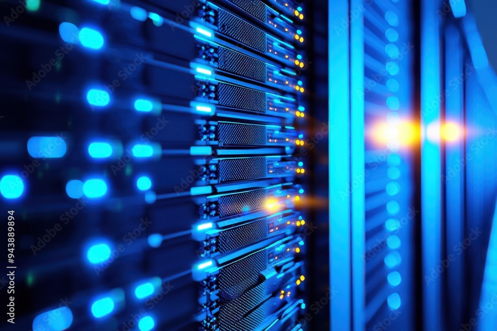 Poster close-up view of illuminated server racks displaying vibrant blue lights, showcasing technology and 