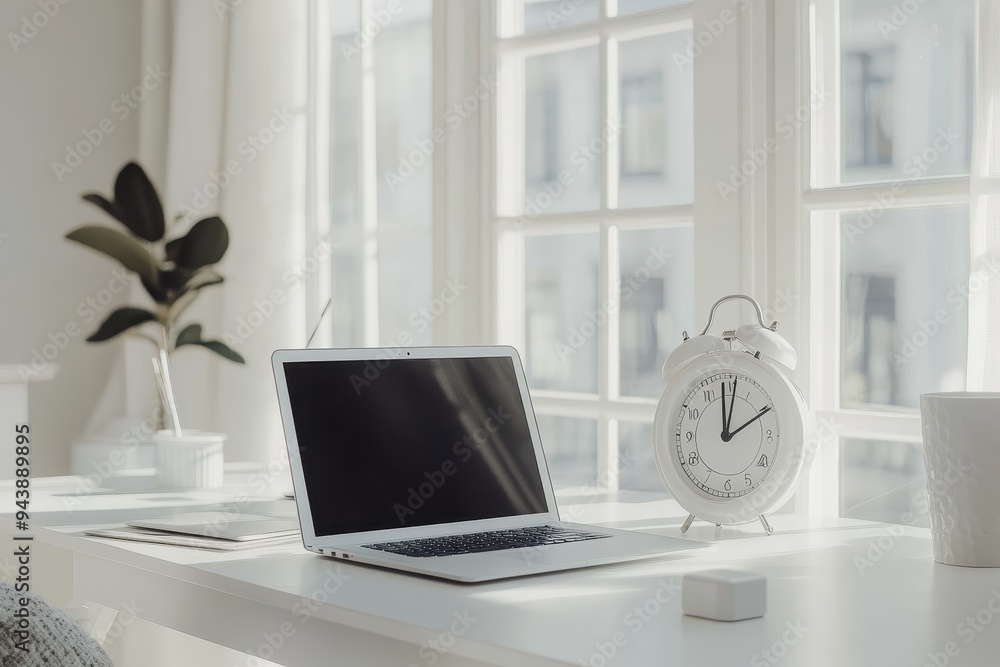 Poster White Minimalist Workspace with Laptop and Alarm Clock