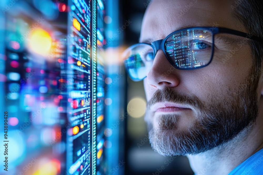 Poster focused man examines digital data on a futuristic display, showcasing innovation in technology and a