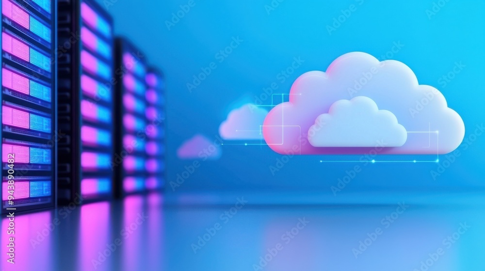Poster futuristic cloud computing concept with server racks showcasing vibrant digital technology and conne