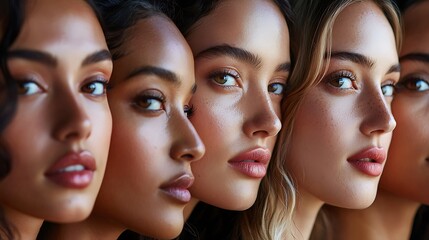 A diverse group of beautiful women with natural beauty and glowing smooth skin. Portrait of many attractive female fashion models with great skincare of all races, tones and style