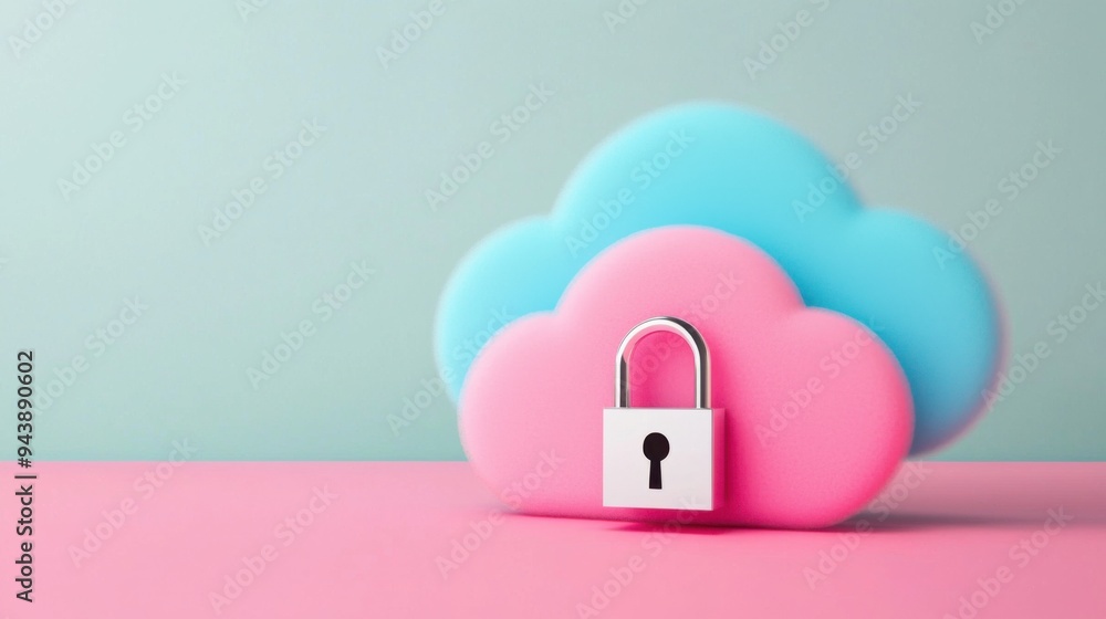 Poster secure cloud storage concept with pastel clouds and a padlock symbolizing data protection and privac