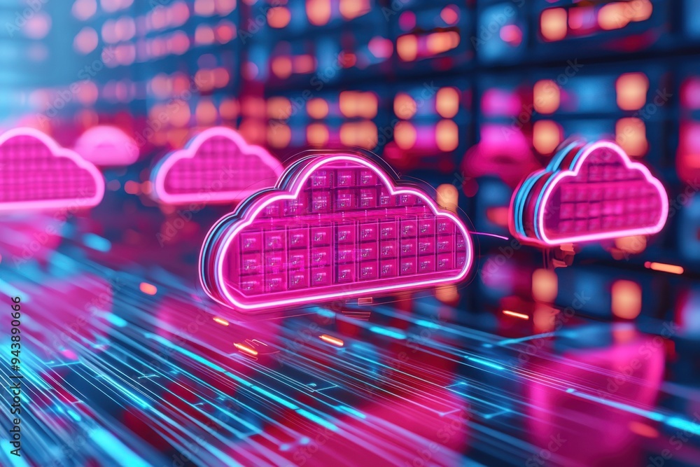Poster vibrant digital illustration of cloud computing symbols with luminous elements representing data flo