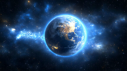 Obraz premium Earth in the Milky Way surrounded by glowing nebulae and stars.