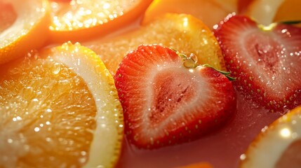 Close-up of fresh orange slices and strawberries, showcasing their vibrant colors and juicy textures in a delightful arrangement.
