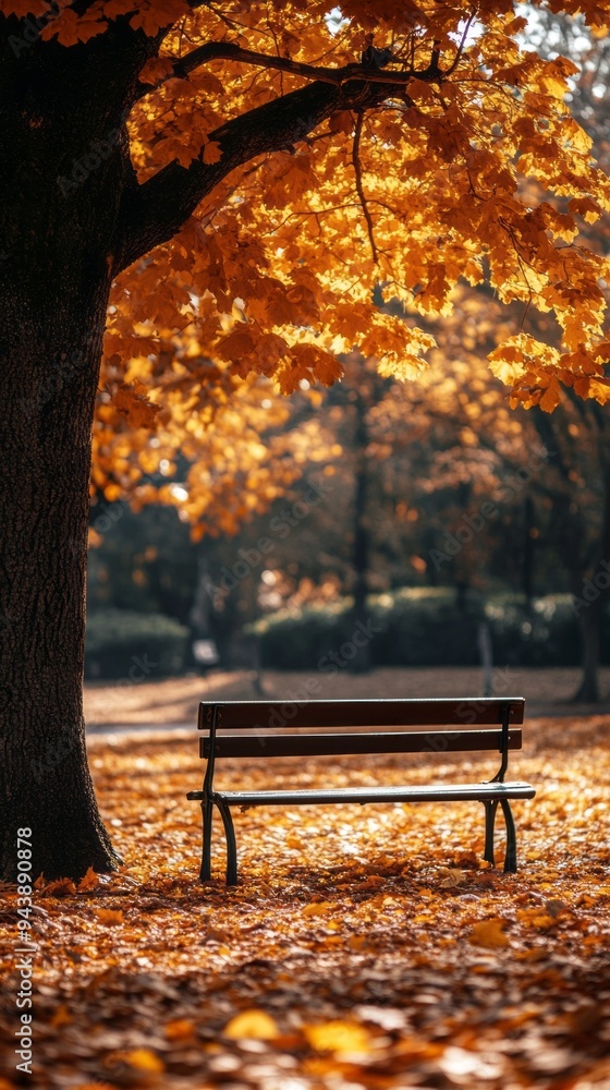 Poster A bench is sitting in a park with a tree in the background