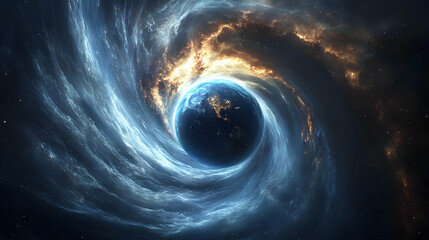 Earth is enveloped in a swirling vortex of light and energy, set against a backdrop of twinkling stars.