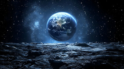 Earth rises above the moon's surface in a starry night.