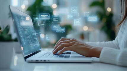 Fototapeta premium Woman Coding on Laptop with Digital Interface