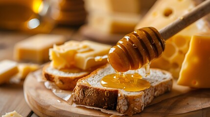A detail view of honey being spread on toast and cheese
