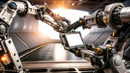 3D Robotic arm border with futuristic tools framing copy space concept as A border frame featuring stylized robotic arms holding futuristic tools framing a central copy space. The design emphasizes pr
