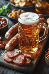 Enjoying a refreshing beer alongside grilled sausages and crunchy snacks at a casual meal gathering