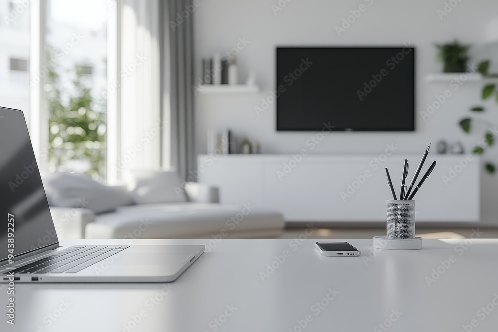 Poster Minimalistic Workspace with Laptop, Phone, and Pen Holder