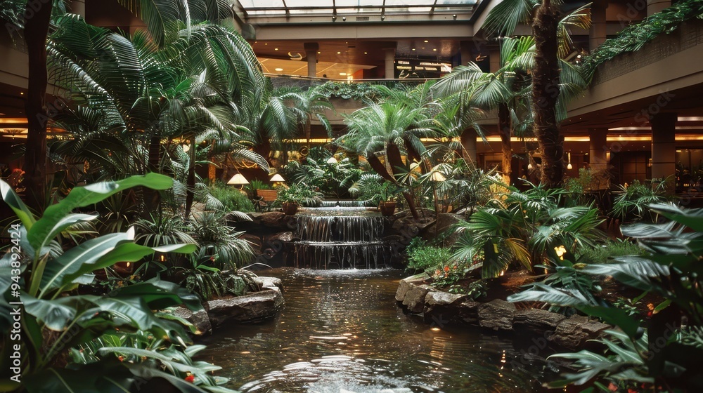 Wall mural serene oasis in a hotel lobby - a close-up of a tropical atrium with lush greenery and water feature