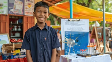 A Cambodian teenager participating in a school science fair, presenting a project with enthusiasm