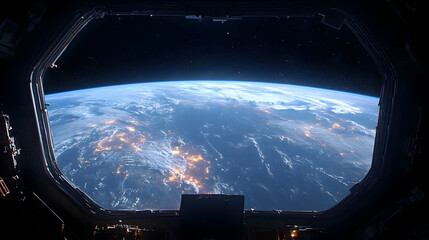 Earth viewed from a spaceship window with a starry sky above and city lights glowing below.