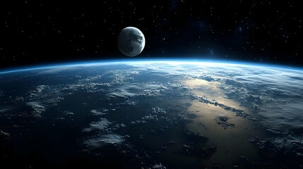 Naklejka premium Earth viewed from space with a sliver of a crescent moon and a few stars in the dark sky.