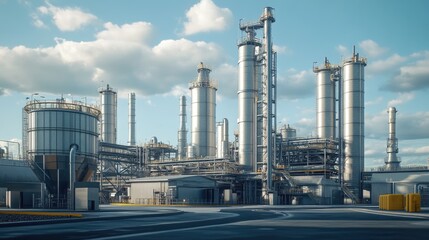 Obraz premium Modern refinery architecture featuring towering silos and industrial structures, emphasizing the scale of factory operations.