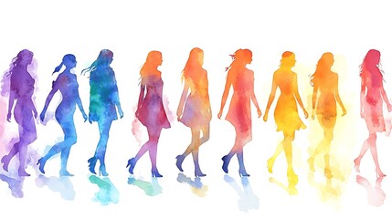 multicolored spectrum silhouettes of people on a white background watercolor