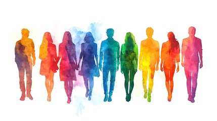 multicolored spectrum silhouettes of people on a white background watercolor