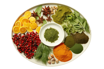 Fresh chopped red onion, minced garlic and spices isolated on white background.