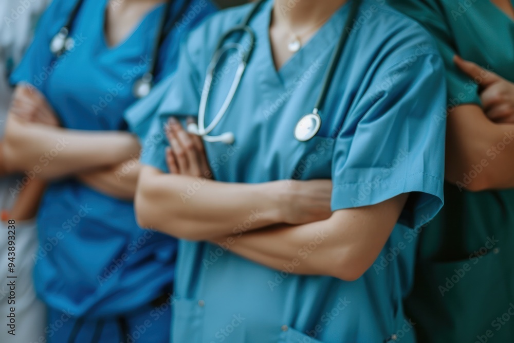 Sticker A group of medical professionals stand together in blue scrubs