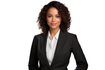 Confident African American businesswoman in suit isolated on white background