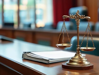 A close-up view of a scale of justice on a courtroom table, symbolizing law, balance, and fairness in legal proceedings.