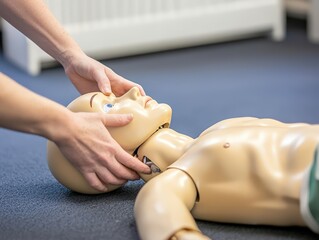 A person performing CPR on a training mannequin during a first aid course, illustrating lifesaving techniques and practices.