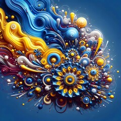 Abstract image, drawing in blue, yellow and white. Flowers and waves on a blue background.
