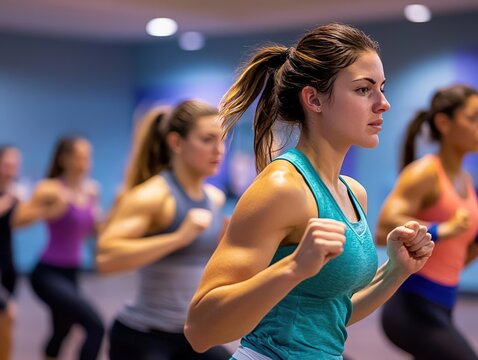 A focused woman participating in a high-energy group workout, showcasing strength and determination in a fitness class.