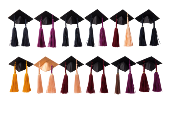 Collection of colorful graduation caps with tassels, isolated on white background.
