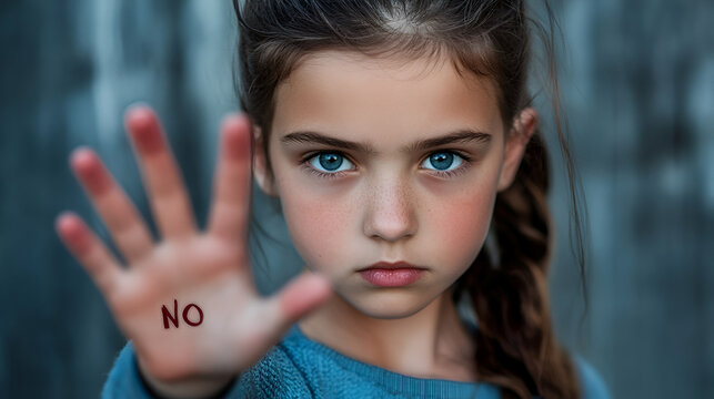 una ni&ntilde;a peque&ntilde;a diciendo no a la violencia alto a la violencia y a la tristeza por agresiones concepto de violencia