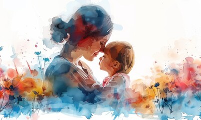 A mother lovingly gazes at her child in a beautiful watercolor artwork, celebrating the essence of bonding and nurturing during World Breastfeeding Week