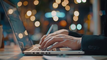 The hands typing at night