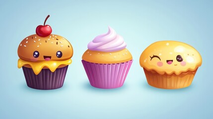 Three adorable food icons showcase a cupcake, muffin, and frosted dessert, each with unique expressions and colorful designs against blue