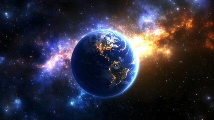 Obraz premium Earth with night lights in a cosmic background.